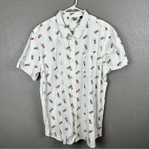 Miller Lite All Over Logo Print Shirt Men’s XXL White Button Up Short Sleeve - Picture 1 of 9